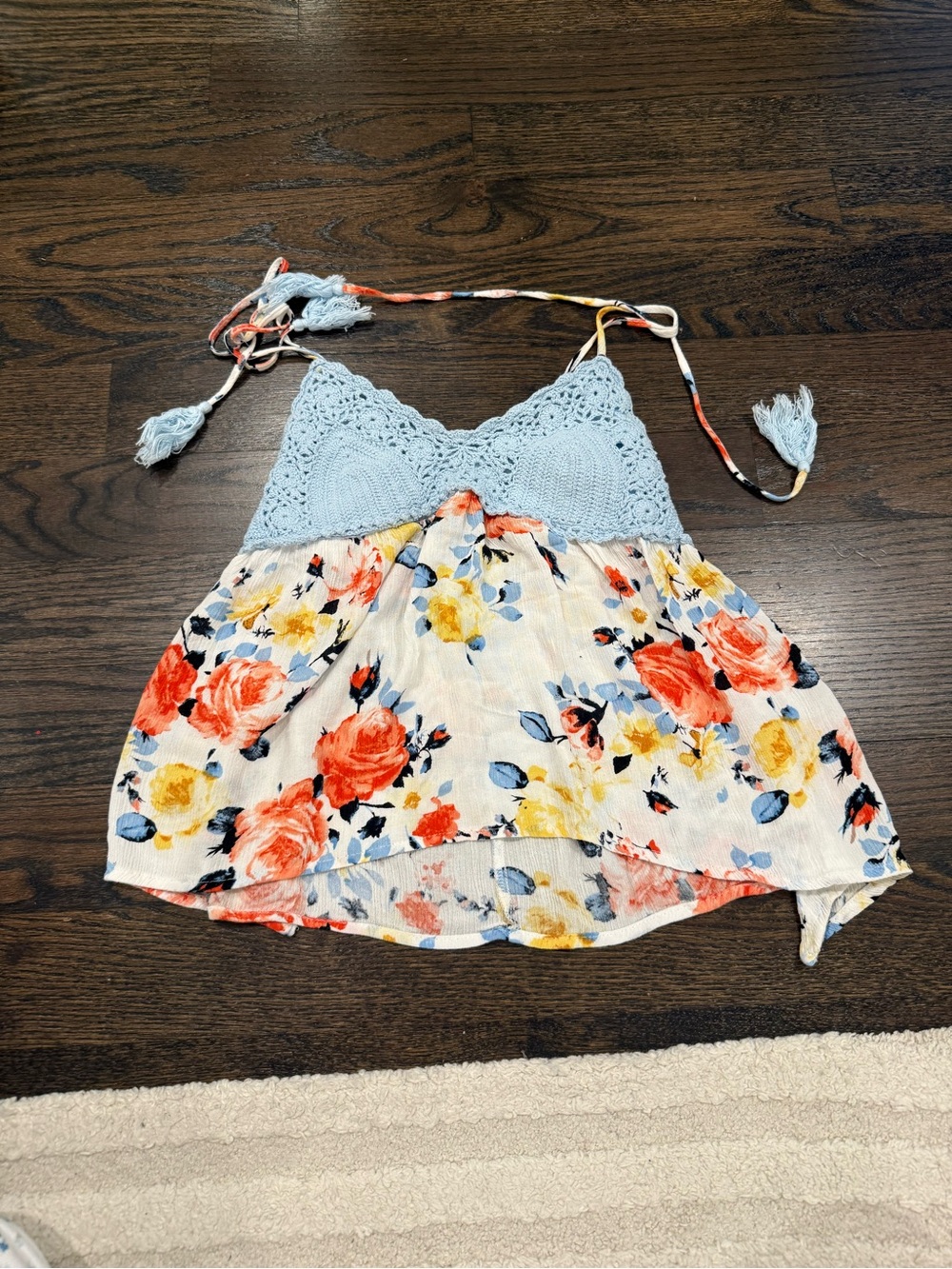 Light Blue Crochet Floral Halter One-Piece